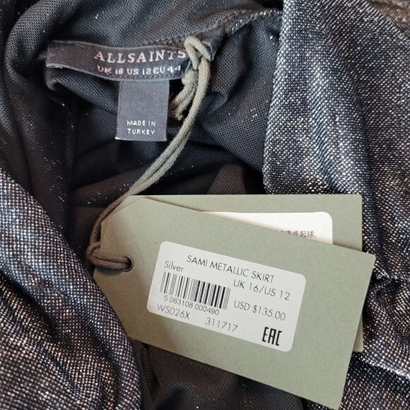ALLSAINTS  Metallic Sami Hi-lo Mini Midi Skirt 12 Gunmetal Wrap Knot Night Out - Picture 13 of 16